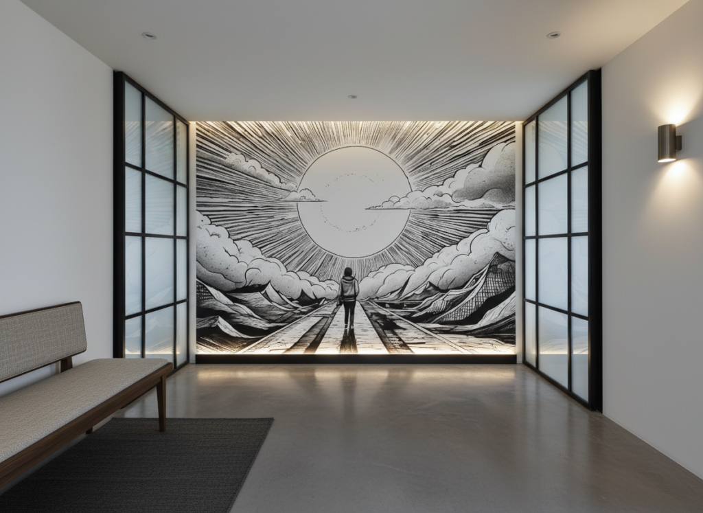 Papier peint manga soleil rayonnant et nuages dynamiques noir blanc - Entrée