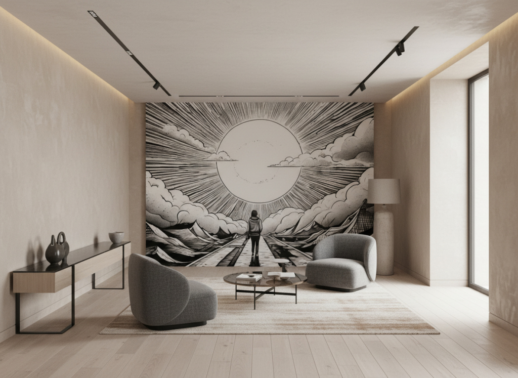 Papier peint manga soleil rayonnant et nuages dynamiques noir blanc - Salon / Séjour