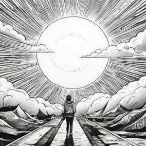 Papier peint manga soleil rayonnant et nuages dynamiques noir blanc