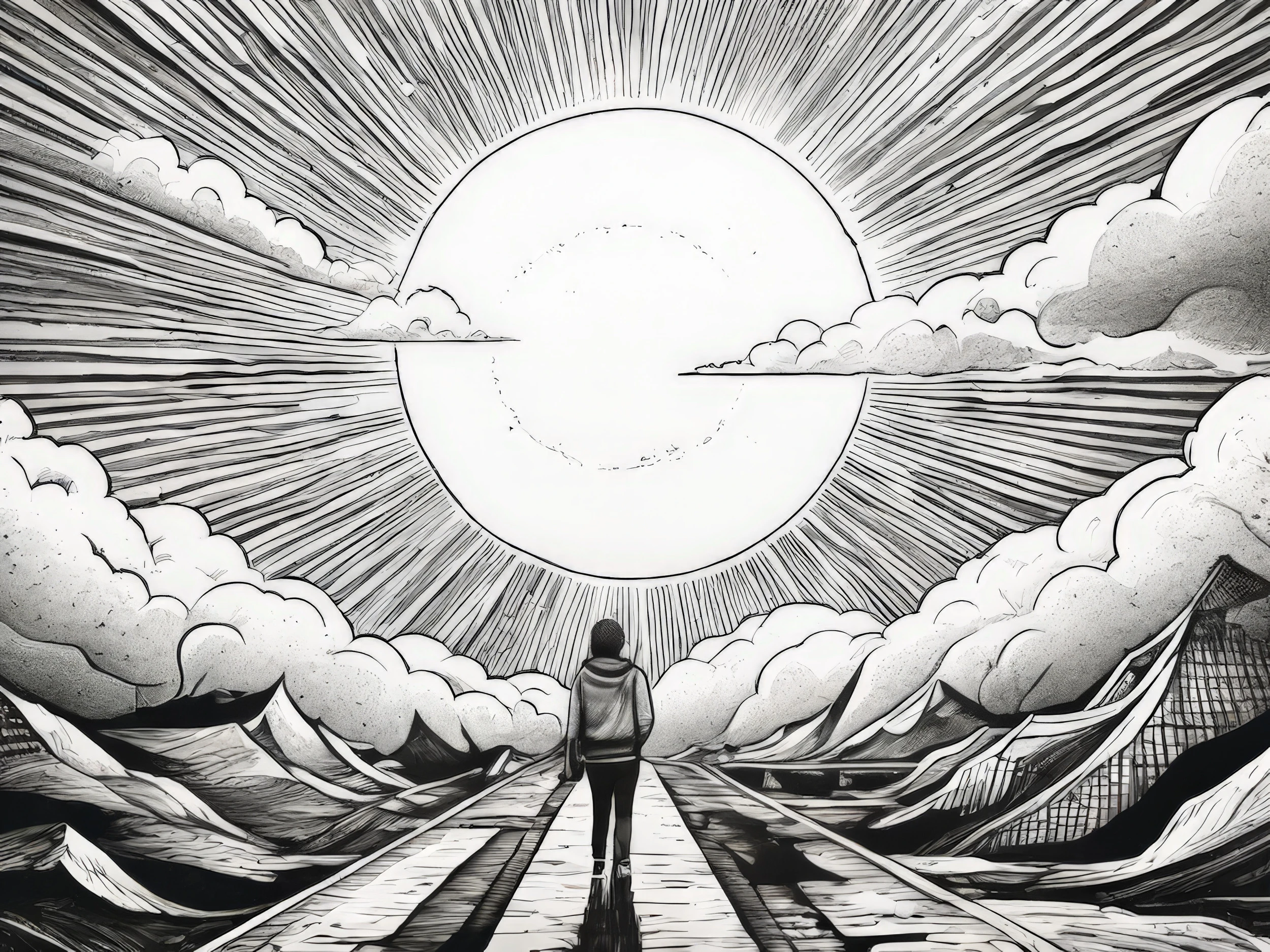 Papier peint manga soleil rayonnant et nuages dynamiques noir blanc