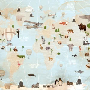 Papier Peint Mappemonde Aventure avec Animaux et Transports Vintage