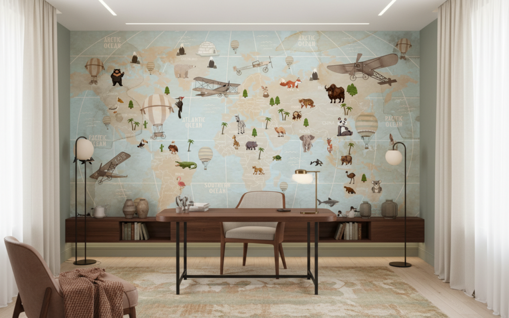 Papier Peint Mappemonde Aventure avec Animaux et Transports Vintage - Bureau