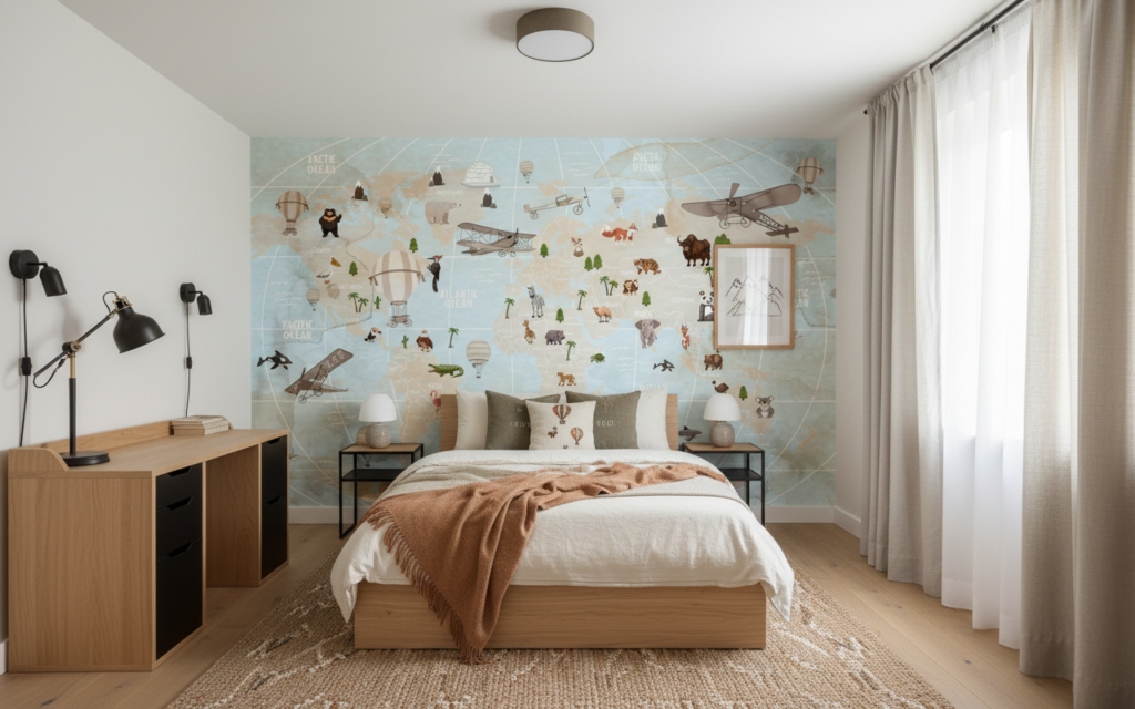 Papier Peint Mappemonde Aventure avec Animaux et Transports Vintage - Chambre ado