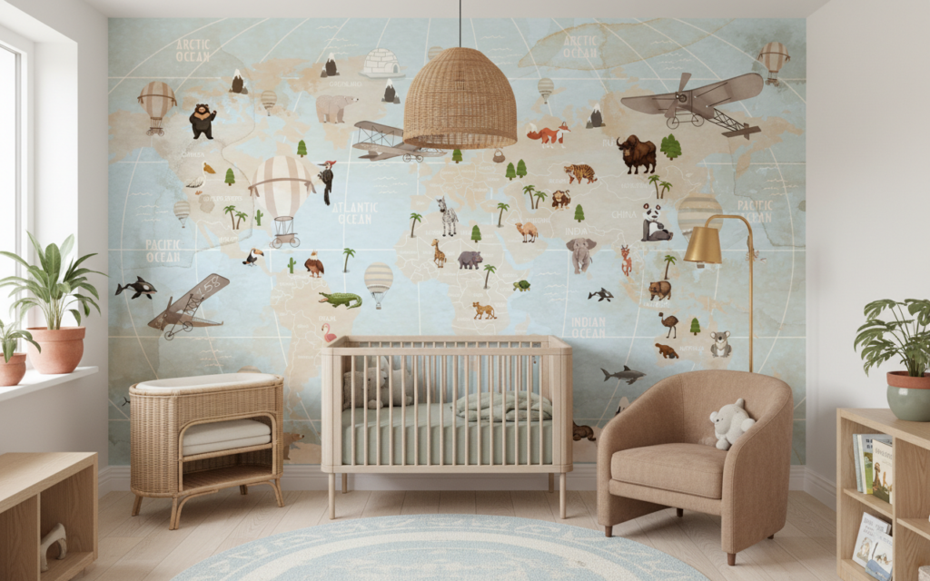 Papier Peint Mappemonde Aventure avec Animaux et Transports Vintage - Chambre bébé