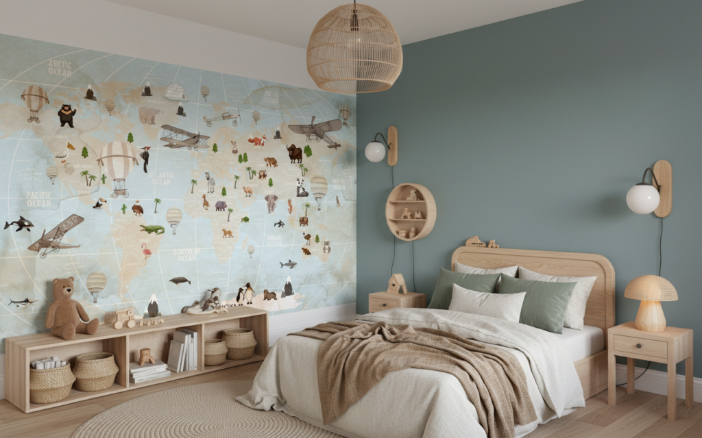 Papier Peint Mappemonde Aventure avec Animaux et Transports Vintage - Chambre enfant