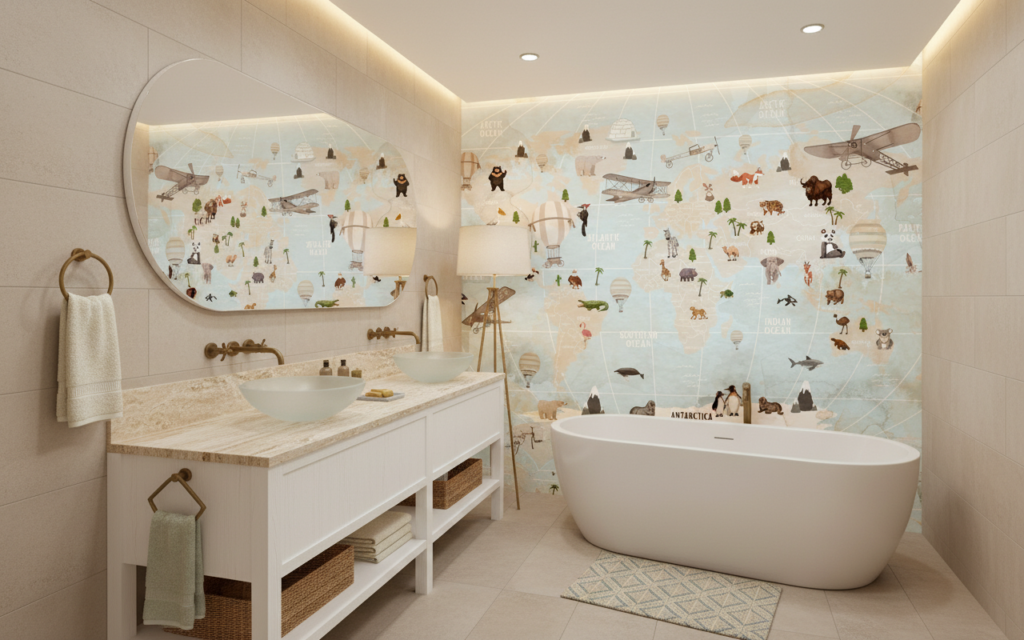 Papier Peint Mappemonde Aventure avec Animaux et Transports Vintage - Salle de bain