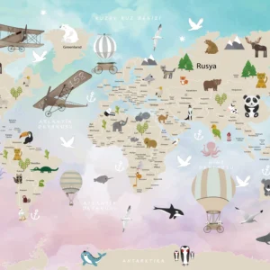 Papier Peint Mappemonde Enfantine avec Animaux et Moyens de Transport