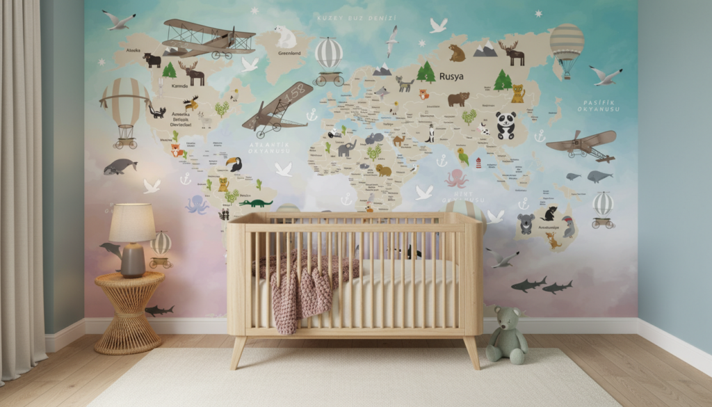 Papier Peint Mappemonde Enfantine avec Animaux et Moyens de Transport - Chambre bébé