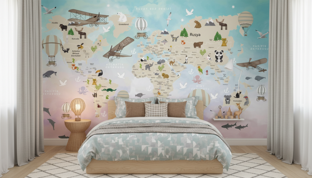 Papier Peint Mappemonde Enfantine avec Animaux et Moyens de Transport - Chambre enfant