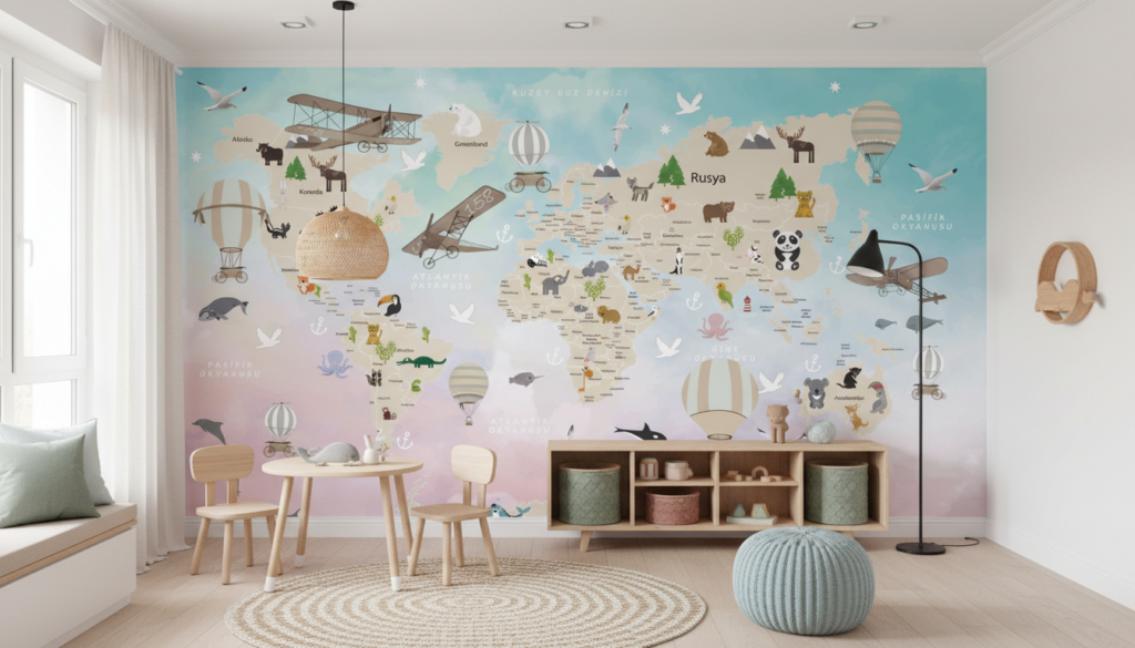 Papier Peint Mappemonde Enfantine avec Animaux et Moyens de Transport - Espace enfant (pro)