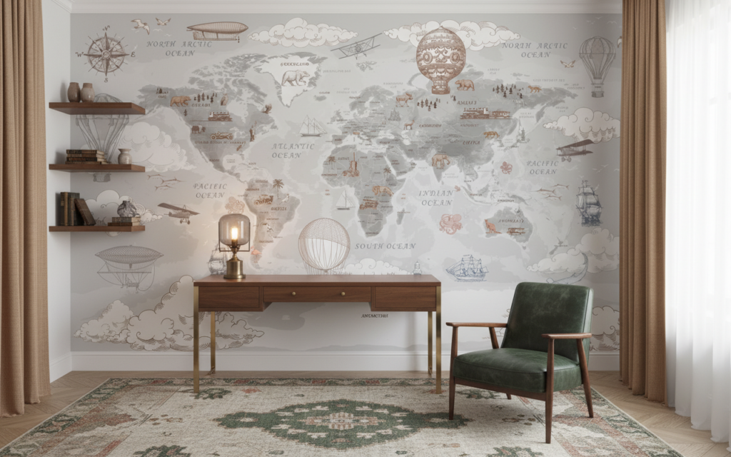 Papier Peint Mappemonde Vintage avec Montgolfières et Bateaux d'Époque - Bureau