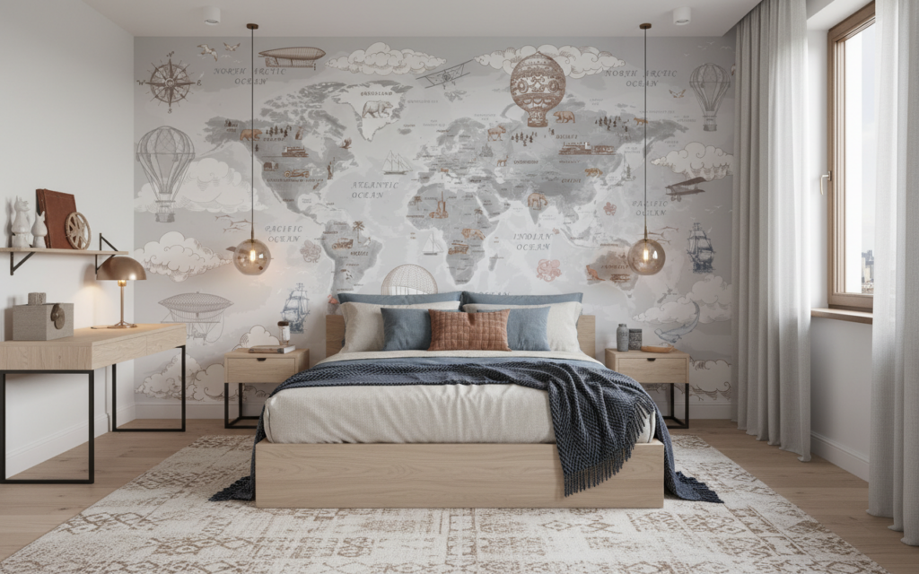 Papier Peint Mappemonde Vintage avec Montgolfières et Bateaux d'Époque - Chambre ado