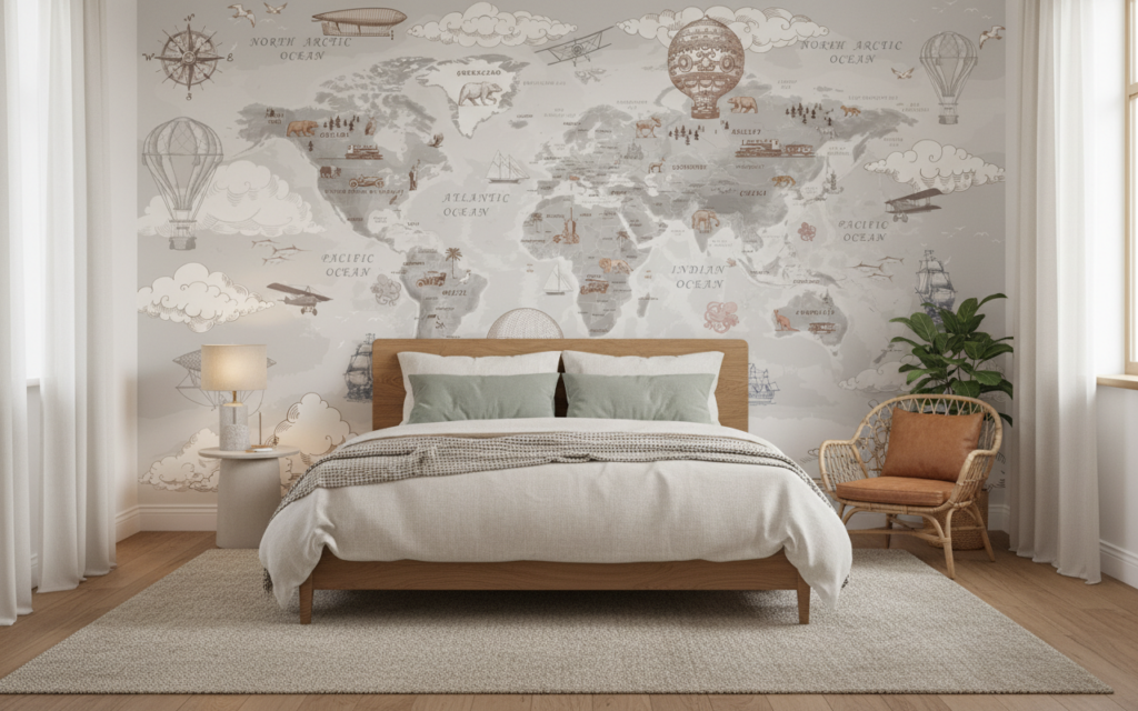 Papier Peint Mappemonde Vintage avec Montgolfières et Bateaux d'Époque - Chambre adulte