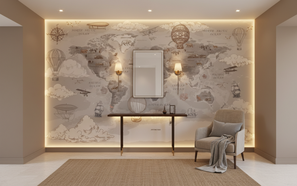 Papier Peint Mappemonde Vintage avec Montgolfières et Bateaux d'Époque - Entrée