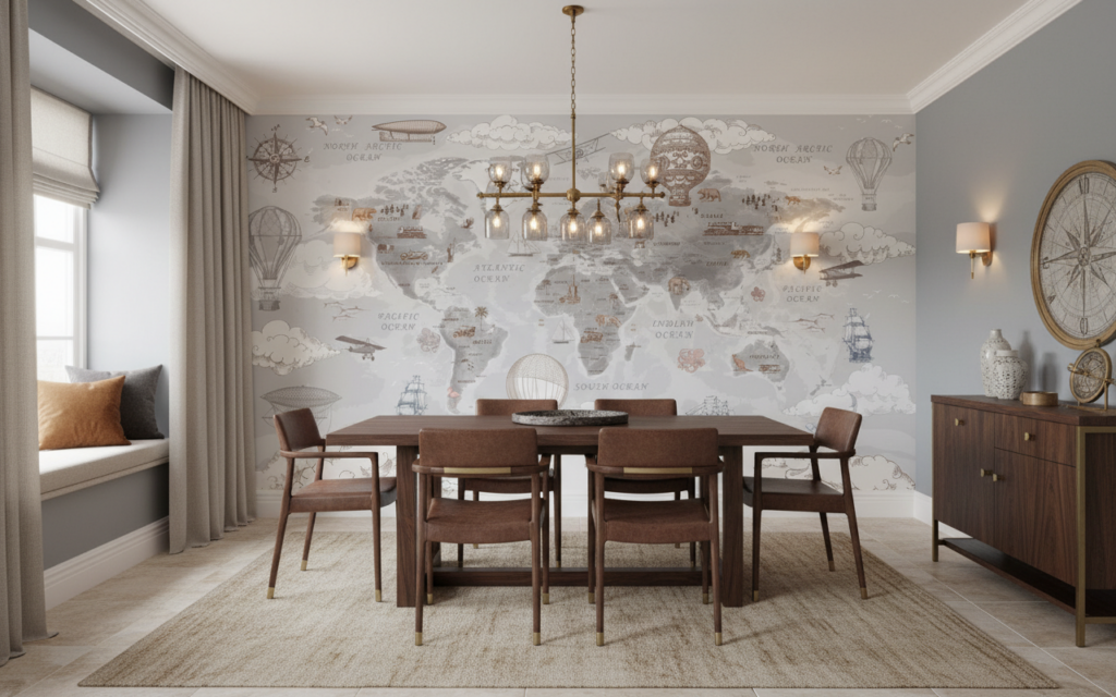 Papier Peint Mappemonde Vintage avec Montgolfières et Bateaux d'Époque - Salle à manger