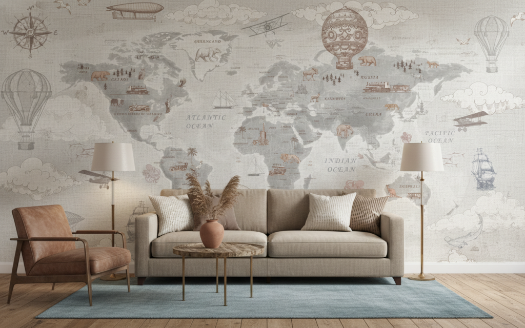 Papier Peint Mappemonde Vintage avec Montgolfières et Bateaux d'Époque - Salon / Séjour