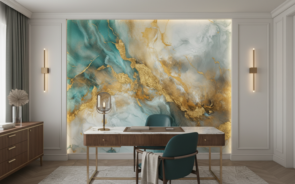 Papier Peint Marbre Abstrait Doré et Turquoise Effet Luxueux - Bureau