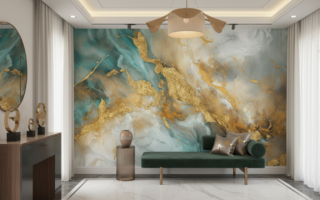Papier Peint Marbre Abstrait Doré et Turquoise Effet Luxueux - Entrée