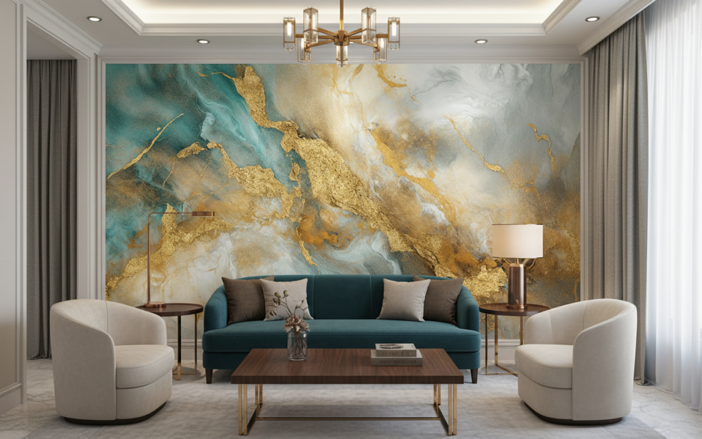 Papier Peint Marbre Abstrait Doré et Turquoise Effet Luxueux - Hôtel