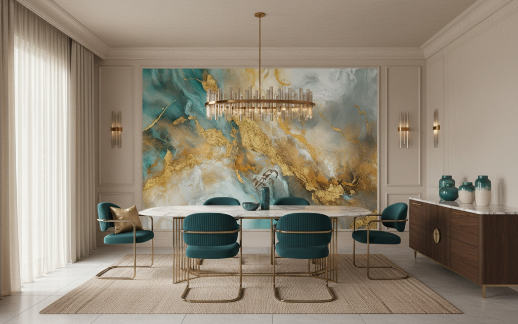 Papier Peint Marbre Abstrait Doré et Turquoise Effet Luxueux - Salle à manger