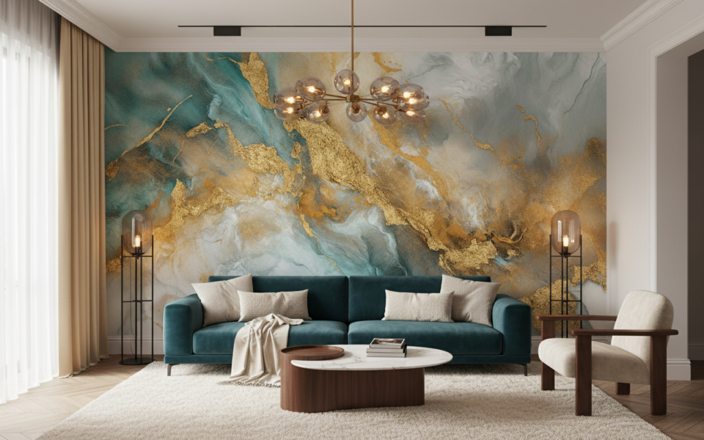 Papier Peint Marbre Abstrait Doré et Turquoise Effet Luxueux - Salon / Séjour