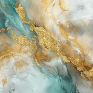 Papier Peint Marbre Abstrait Doré et Turquoise Effet Luxueux