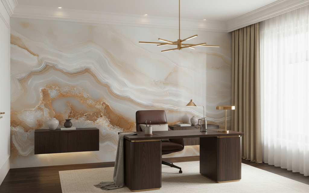 Papier peint marbre beige aux veines dorées effet agate naturelle - Bureau