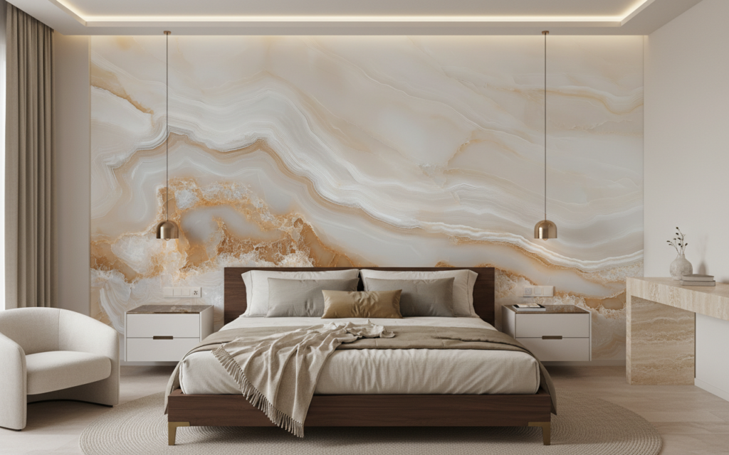 Papier peint marbre beige aux veines dorées effet agate naturelle - Chambre adulte