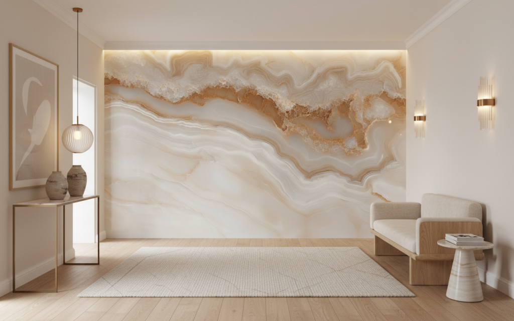 Papier peint marbre beige aux veines dorées effet agate naturelle - Entrée