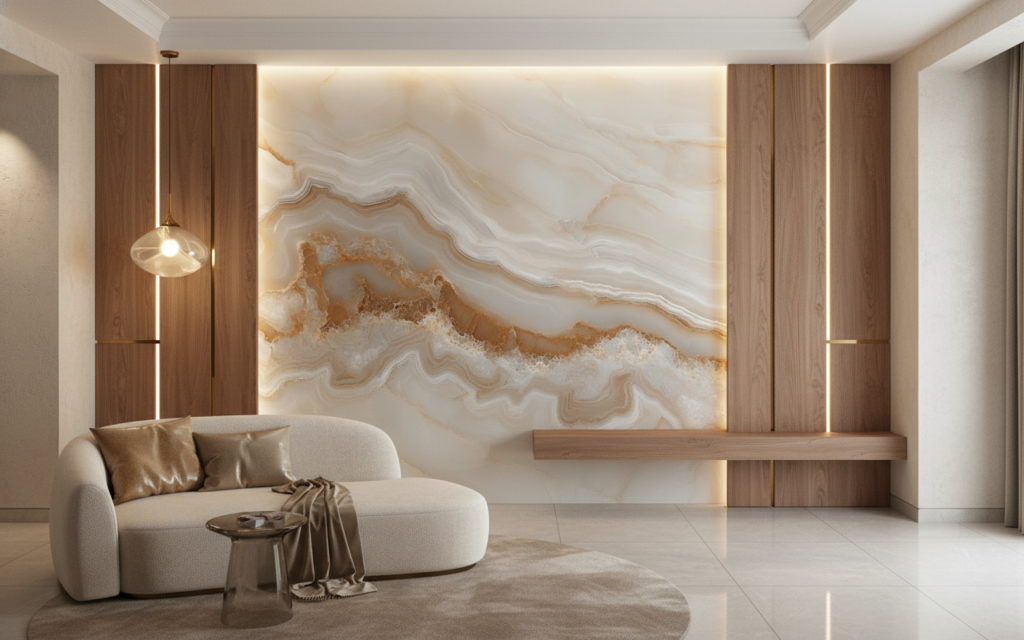 Papier peint marbre beige aux veines dorées effet agate naturelle - Hôtel
