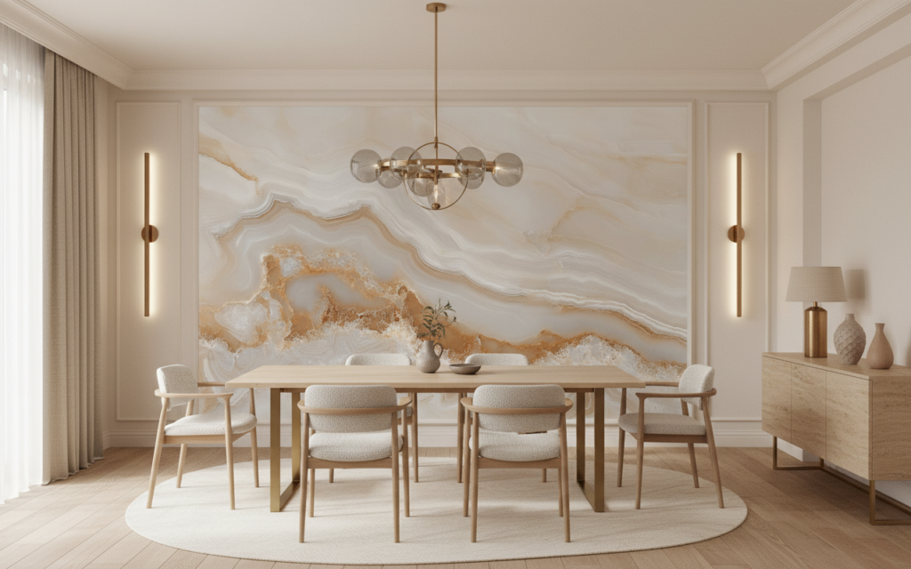 Papier peint marbre beige aux veines dorées effet agate naturelle - Salle à manger