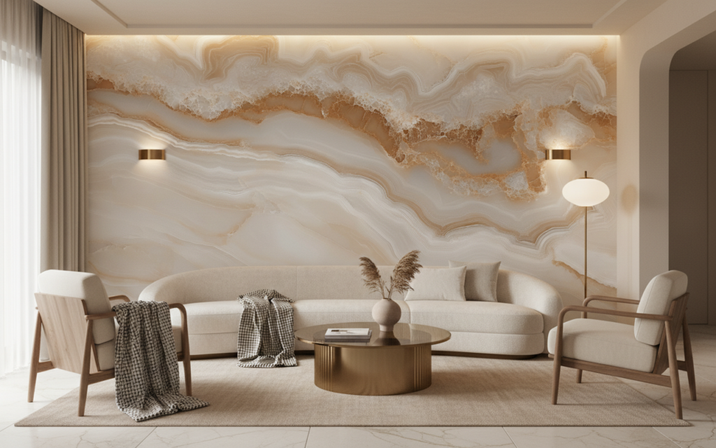 Papier peint marbre beige aux veines dorées effet agate naturelle - Salon / Séjour