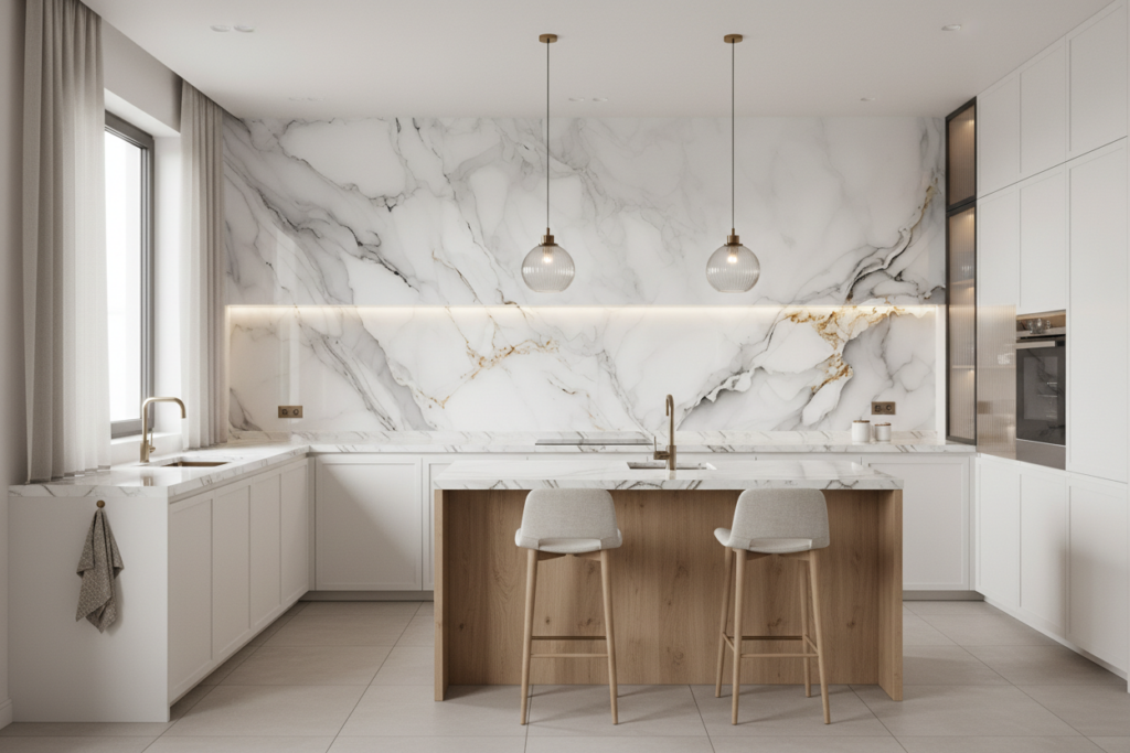 Papier Peint Marbre Blanc Veiné Or Élégant Luxueux - Cuisine