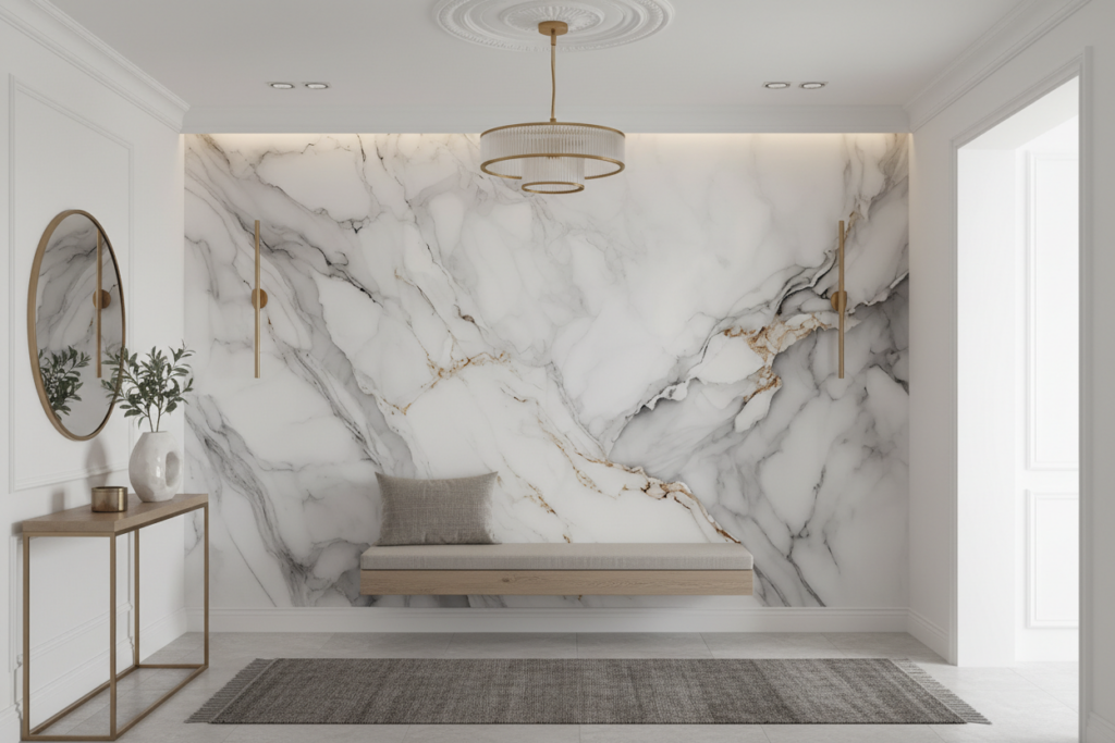 Papier Peint Marbre Blanc Veiné Or Élégant Luxueux - Entrée