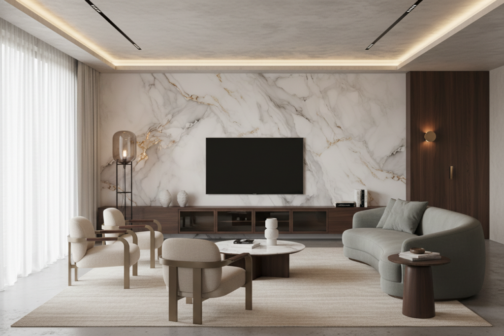 Papier Peint Marbre Blanc Veiné Or Élégant Luxueux - Salon / Séjour