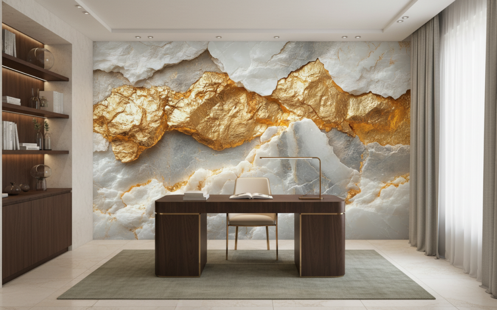 Papier Peint Marbre Doré et Blanc Effet Géode Luxueux - Bureau