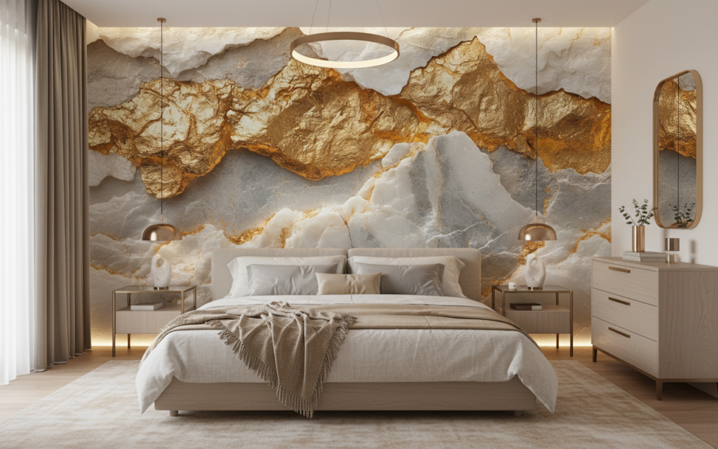 Papier Peint Marbre Doré et Blanc Effet Géode Luxueux - Chambre adulte