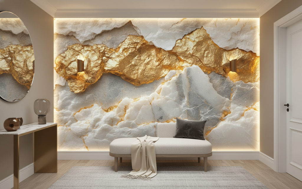 Papier Peint Marbre Doré et Blanc Effet Géode Luxueux - Entrée