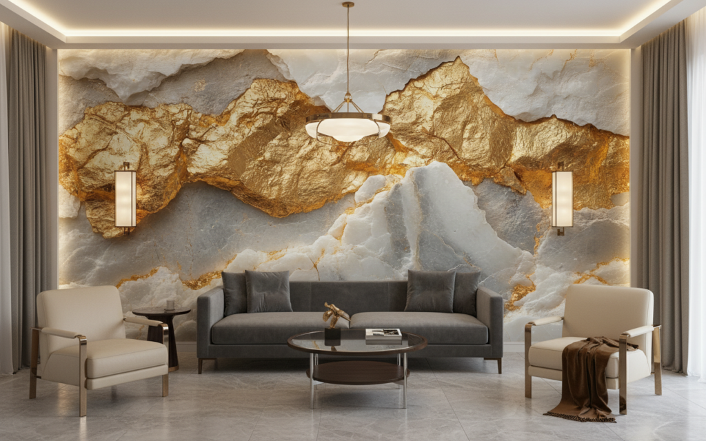 Papier Peint Marbre Doré et Blanc Effet Géode Luxueux - Hôtel