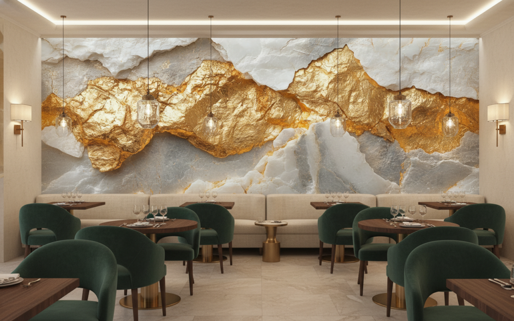 Papier Peint Marbre Doré et Blanc Effet Géode Luxueux - Restaurant
