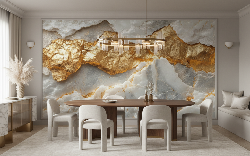 Papier Peint Marbre Doré et Blanc Effet Géode Luxueux - Salle à manger