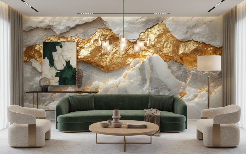 Papier Peint Marbre Doré et Blanc Effet Géode Luxueux - Salon / Séjour