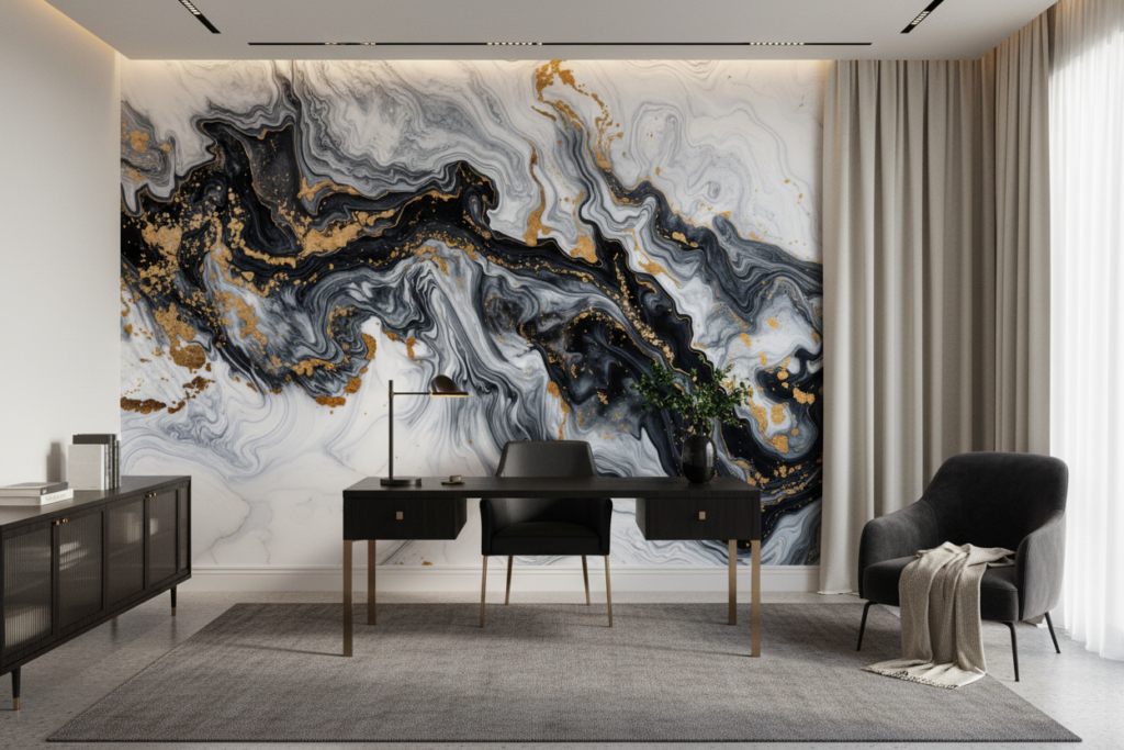 Papier Peint Marbre Fluide Noir Blanc Or Luxueux Abstrait - Bureau