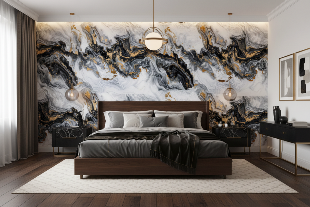 Papier Peint Marbre Fluide Noir Blanc Or Luxueux Abstrait - Chambre adulte