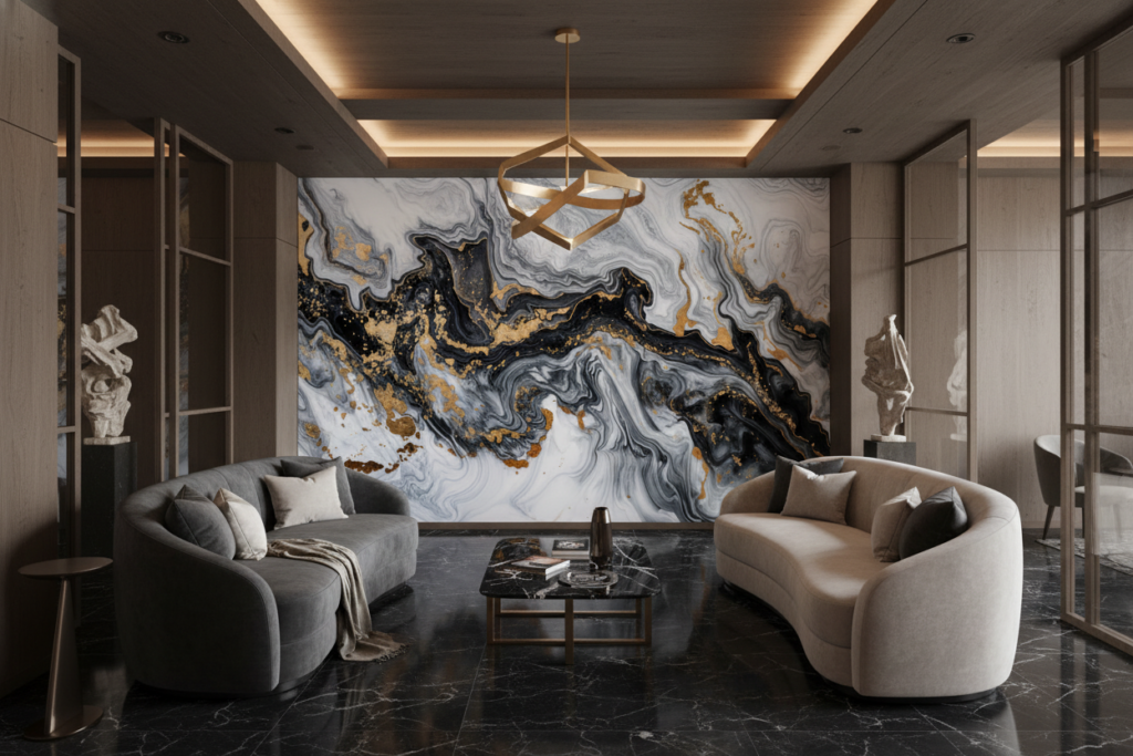 Papier Peint Marbre Fluide Noir Blanc Or Luxueux Abstrait - Hôtel