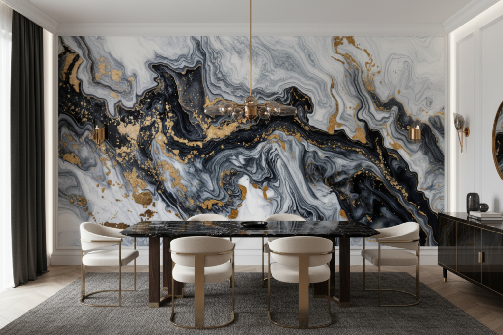 Papier Peint Marbre Fluide Noir Blanc Or Luxueux Abstrait - Salle à manger