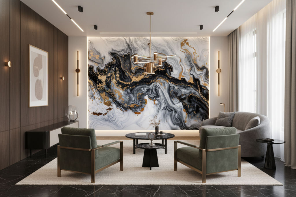 Papier Peint Marbre Fluide Noir Blanc Or Luxueux Abstrait - Salon / Séjour