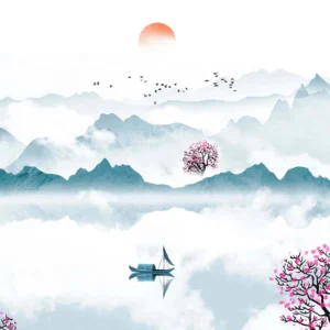 Paysage Oriental Zen avec Cerisiers en Fleurs et Lac Brumeux