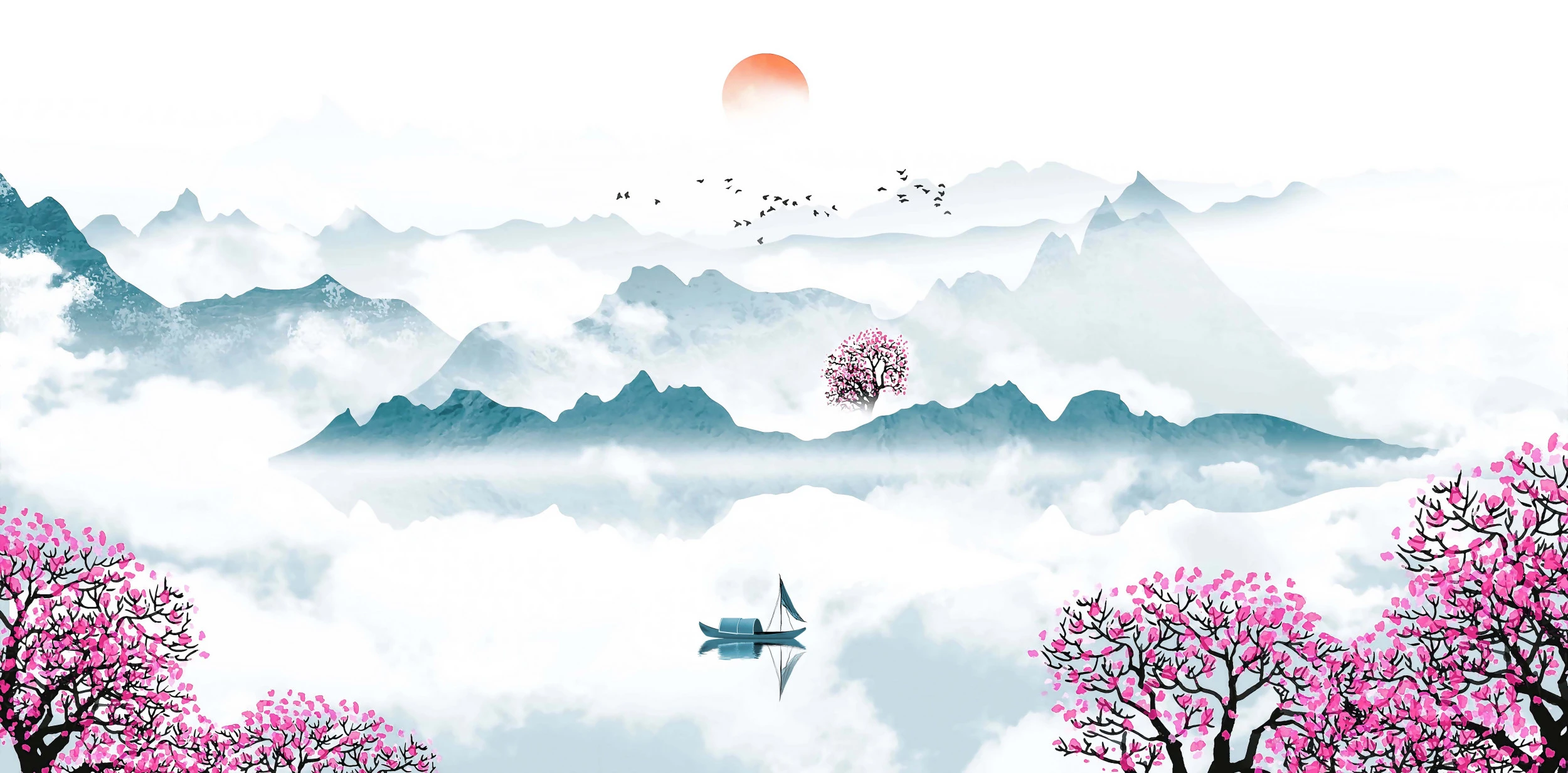 Paysage Oriental Zen avec Cerisiers en Fleurs et Lac Brumeux