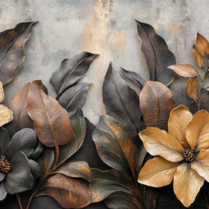 Papier peint tropical élégant fleurs dorées et feuilles exotiques